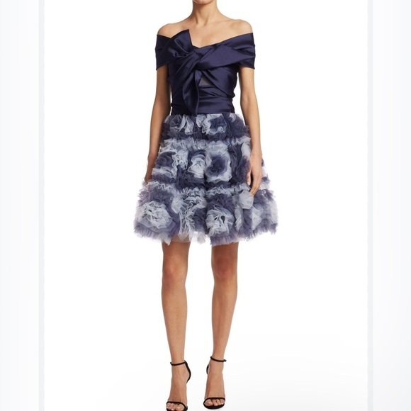 Marchesa Notte Navy Blue Off Shoulder Mikado Mini Cocktail Dress size XS - Picture 3 of 9